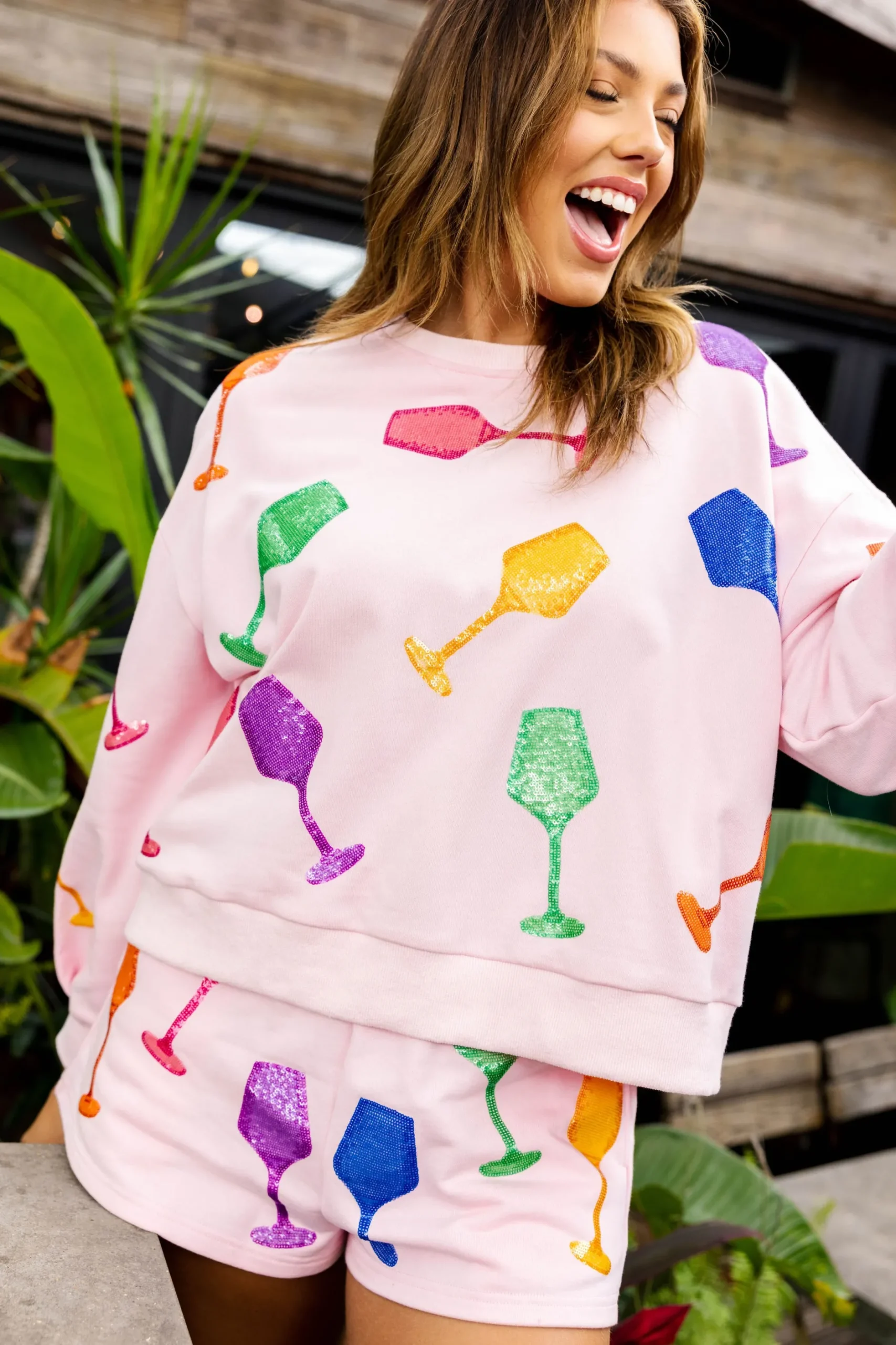 Store Queen Of Sparkles Wine Glass Sweatshirt Light Pink