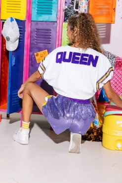 Flash Sale Queen Of Sparkles With Purple & Gold Jersey Bubble Top White