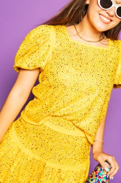 Fashion Queen Of Sparkles Yellow Rhinestone Poof Sleeve Top
