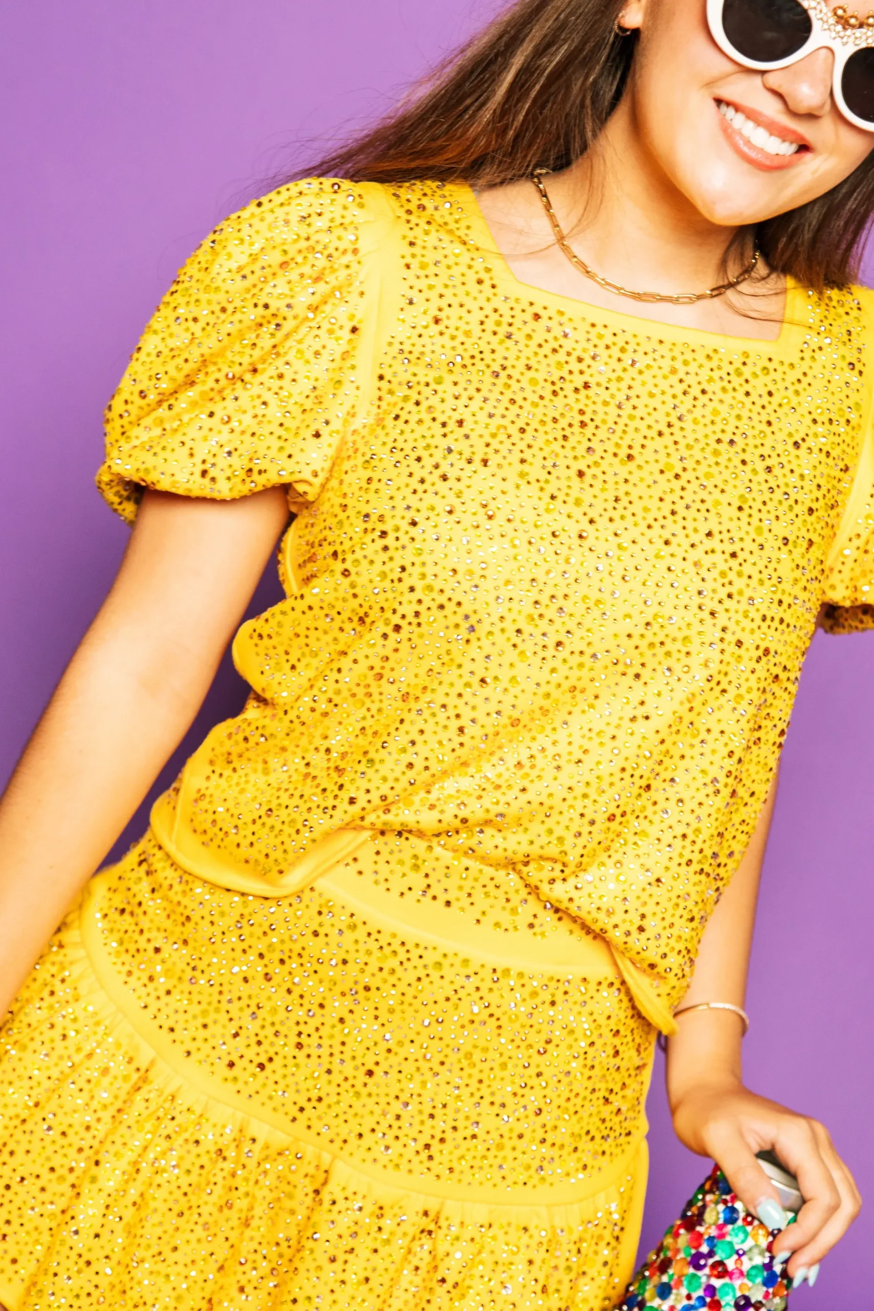 Fashion Queen Of Sparkles Yellow Rhinestone Poof Sleeve Top